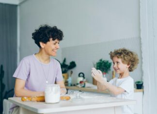 Mother and child baking