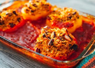 Casserole stuffed peppers with rice and beans