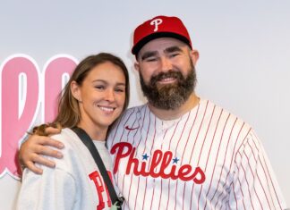 Kylie Kelce and Jason Kelce at the Atlanta Braves vs Philadelphia Phillies Game in Philadelphia, USA in March 2024